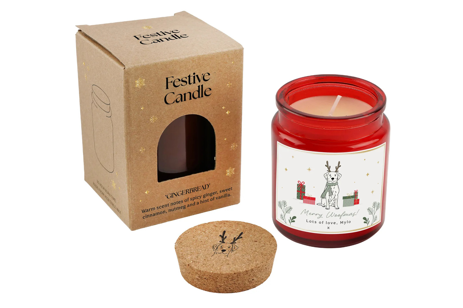 Personalised Red Dog Candle Gingerbread Scented 'Merry Woofmas!' Christmas Decor