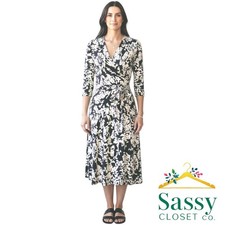 Vince Camuto Black White Print Wrap Dress Women’s S 3/4 Sleeve Midi EUC