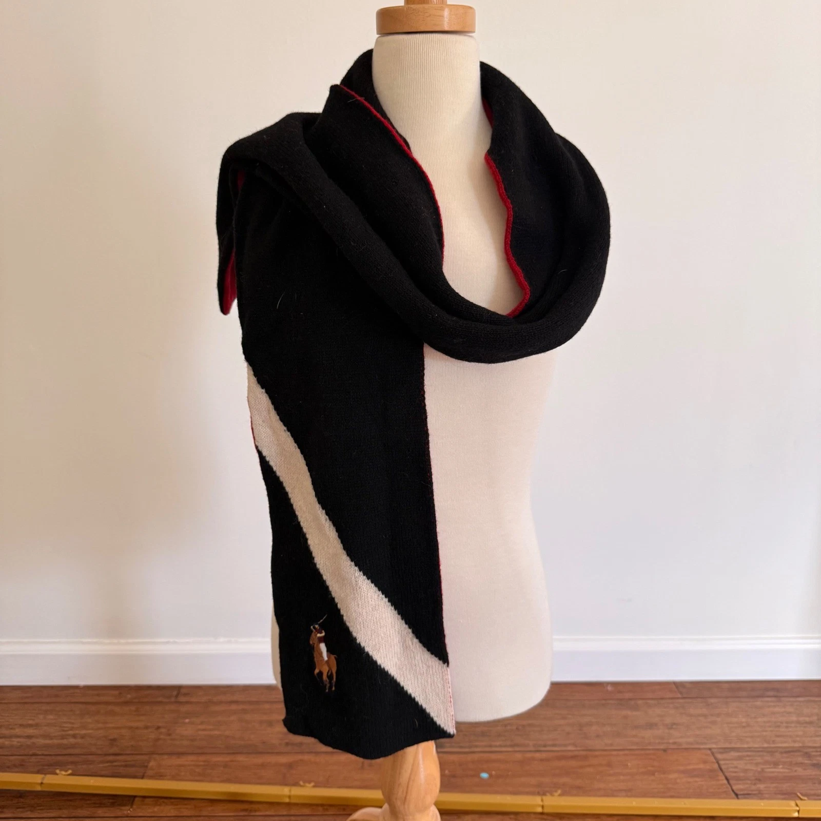 Vintage Polo Ralph Lauren Lambswool Scarf Black Red Stripe Embroidered Pony