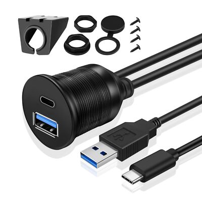 USB C + USB 3.0 Flush Mount Extension Cable for Car Dashboard Dash Panel 3ft 1M
