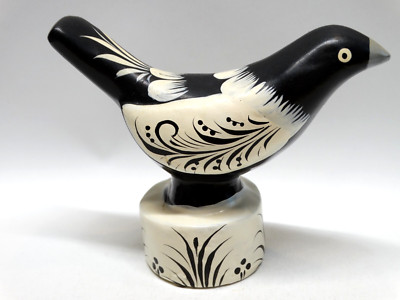 Vtg Russian Khokhloma Folk Art Black & White Bird Hand Painted Pressed Sawdust