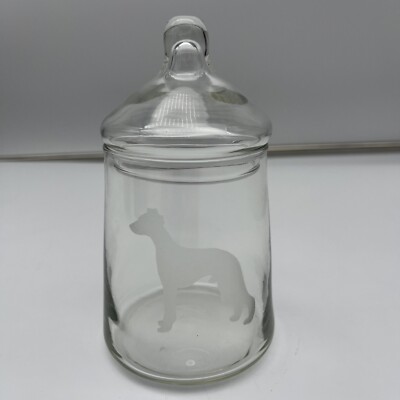 Etched/Frosted Whippet Greyhound Dog Glass Candy Jar. 