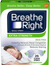 Breathe Right Nasal Strips (Extra Strength Clear) 26 Pieces, For Sensitive Skin