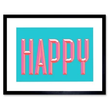 Happy Word Art Turquoise Pink Framed Wall Art Print 12X16 In