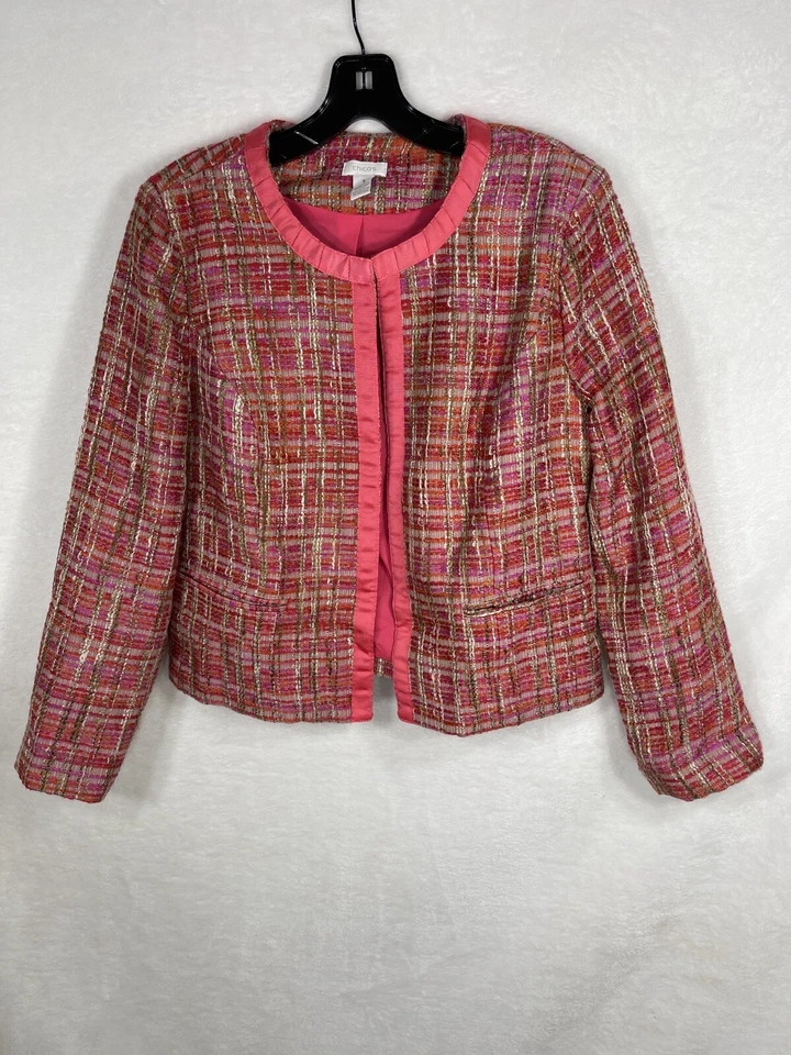 Chicos Blazer Traje Chaqueta Mujer 1 Rosa Manga Larga Lana Tweed Frente Abierto Carrera Foto 3 de 4
