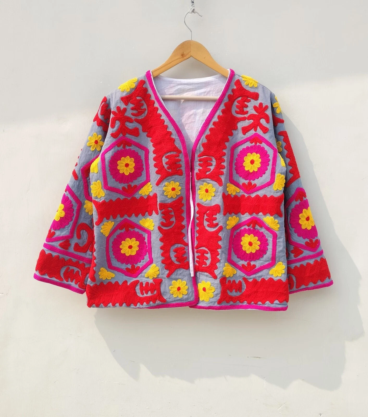 Indian Handmade Gray Suzani Floral Cotton Unisex Jacket Womens Clothing Jacket