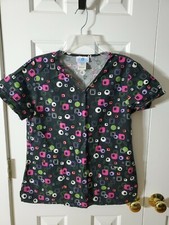 SB SCRUBS Scrub Top Women's Black Geometric Pattern V-NECK Pockets Small