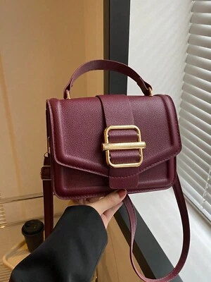 STYLE EXPRESS Burgundy Leather Crossbody Bag with Gold Buckle Small Shoulder Bag Mini Handbag