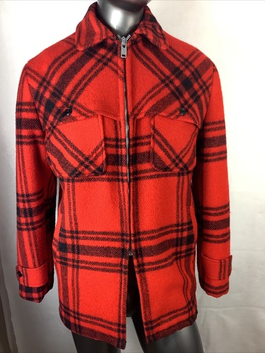 Vintage 70’s Brent Plaid Wool Red Black Full Zip Lined Barn Jacket Coat Sz 40
