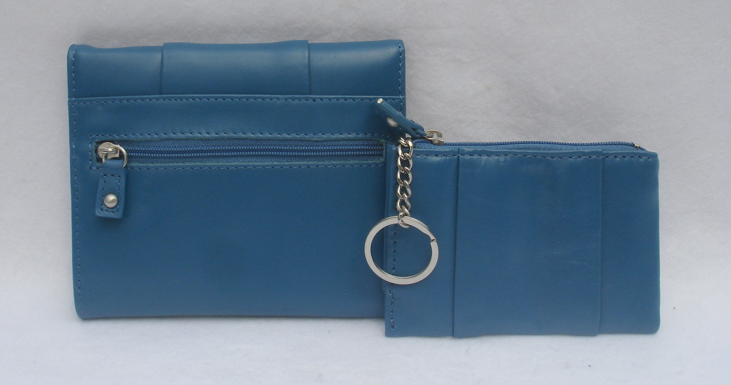 RedEnvelope Brand Blue Leather Top Zip Coin Key Case & ID CC Billfold
