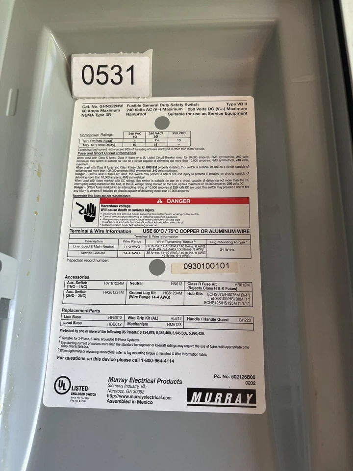 Interruptor de seguridad fusible de servicio general Murray GHN322NW 60 amperios 240 vac Foto 4 de 4