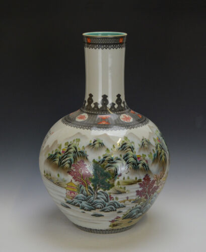 Large Chinese Republic Famille Rose Landscape Globular Porcelain Vase with Mark - Picture 4 of 12
