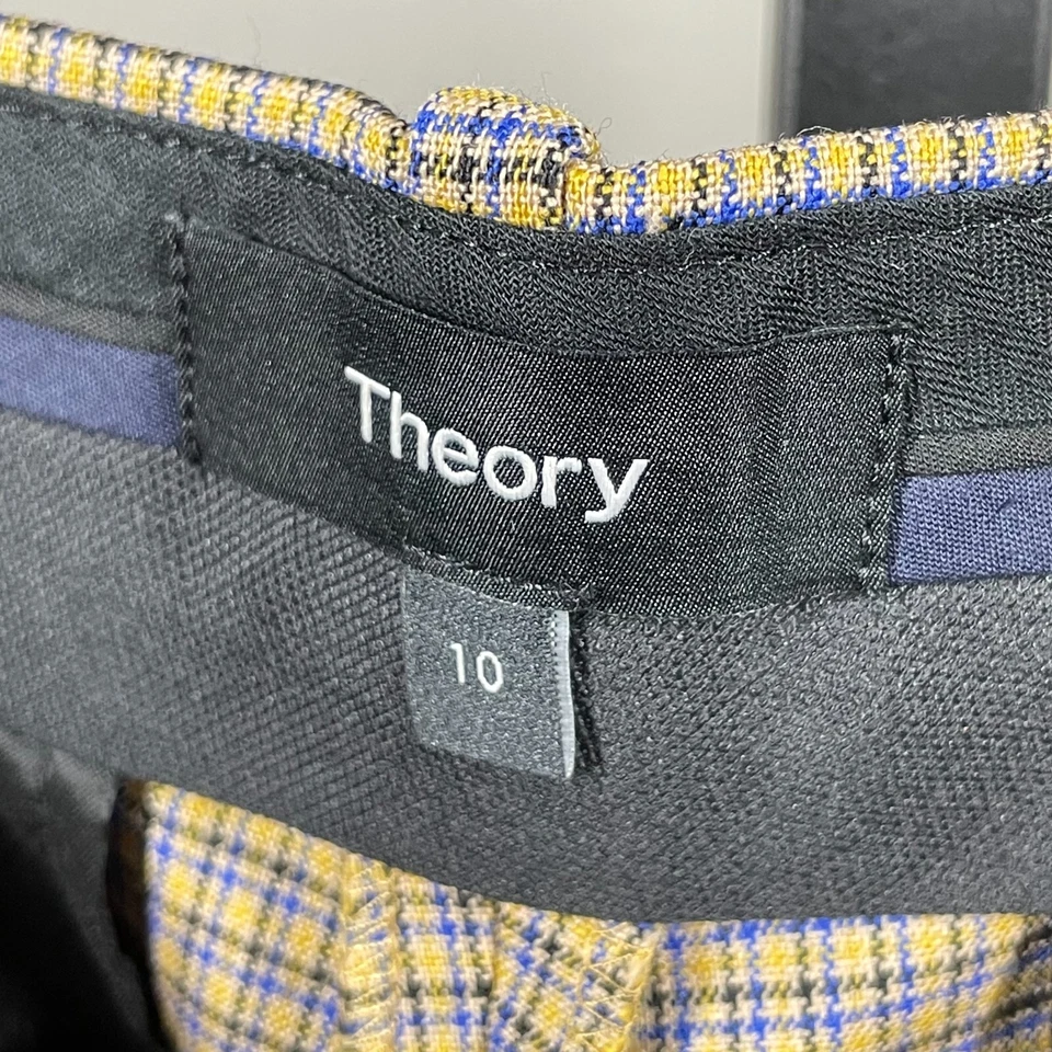 NUEVO Pantalones Theory Mujer 10 Treeca Amarillo Azul Negro Portland Cuadros Ajustados Foto 4 de 4