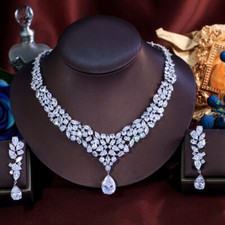 Silver Plated White Zirconia Long Leaf Drop Earrings Necklace Bridal Jewelry Set