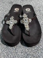 Women's YELLOW BOX Brown Wedge Flip Flops White Cross Gems Sandals Sz 8.5