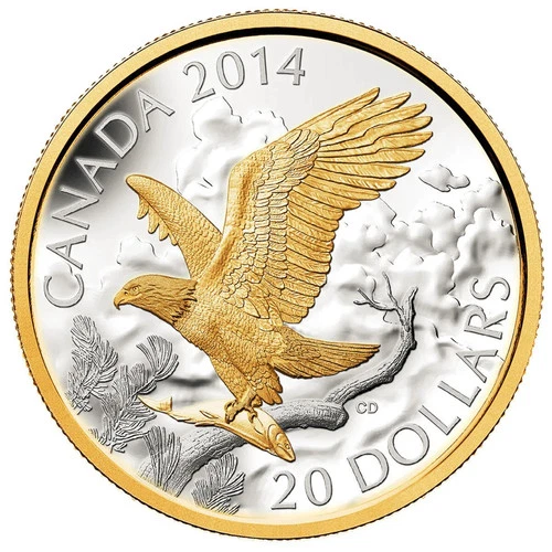 RCM 1 oz Silver 9999 Argent Pur - Gilded Perched Bald Eagle (2014)