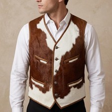 Hair-On Cowhide Leather Men's Genuine Vest Brown White Western Ranch Biker Waist
