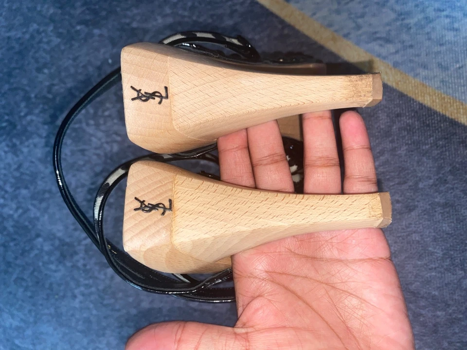 YSL Saint Laurent Cream/Black Polka Dot Fabric Patent Leather Slingback Sandals - Image 3 of 4