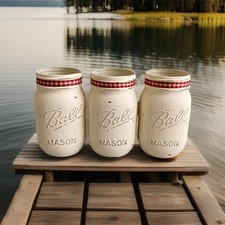 Set of 3 chalk painted distressed CREAM mason jar vases