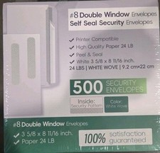 #8 Double Window Security Envelopes Self Seal 500 Count 3 5/8 x 8 11/16