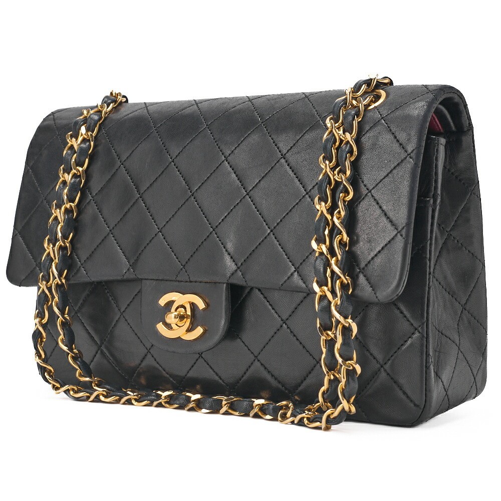 CHANEL Lambskin Black Double Flap Matelasse Chain Shoulder Bag 25cm
