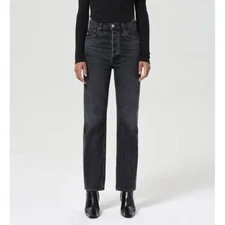 Agolde Lana Jeans Size 26 Black Straight Leg High Rise Distressed Organic Cotton