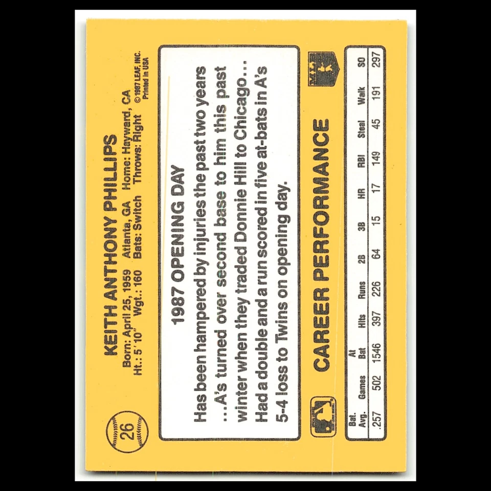 Tony Phillips #26 1987 Donruss Opening Day Oakland Athletics Baseball Card MLB - Image 2 of 3