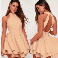 Lulus Dress Rehearsal Coral Skater Fit & Flare Mini Dress Women's Medium Tiered