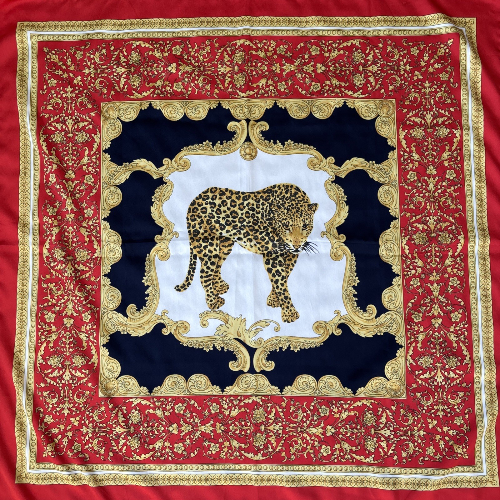 Vtg. Women’s Scarf W/ Leopard Motif, Red Gold &  Blue Ornate Border 34” Square