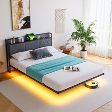 Floating Double Metal Bed Frame with LED Lights & USB Charging Station, 135�190C