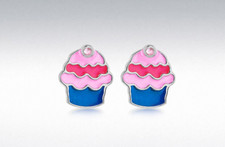 Sterling Silver CZ 9mm x 10.5mm Enamel Cupcake Stud Earrings