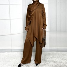 2pcs Sets Muslim Women Plain Blouse Tops Long Pants Dubai Abaya Outfits Kaftan