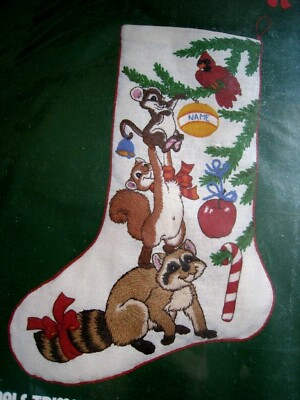 Dimensions Crewel Stitchery STOCKING KIT, ANIMALS TRIMMING THE TREE,8022,18''