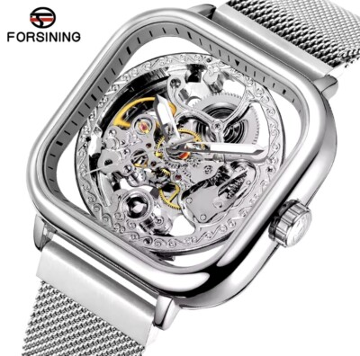 Forsining Men Automatic Mechanical Watch Square Skeleton New Stainless Steel