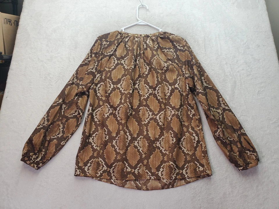 Blusa Top Michael Kors Para Mujer Pequeña Marrón Estampado Piel de Serpiente Manga Larga Cuello en V Foto 2 de 4