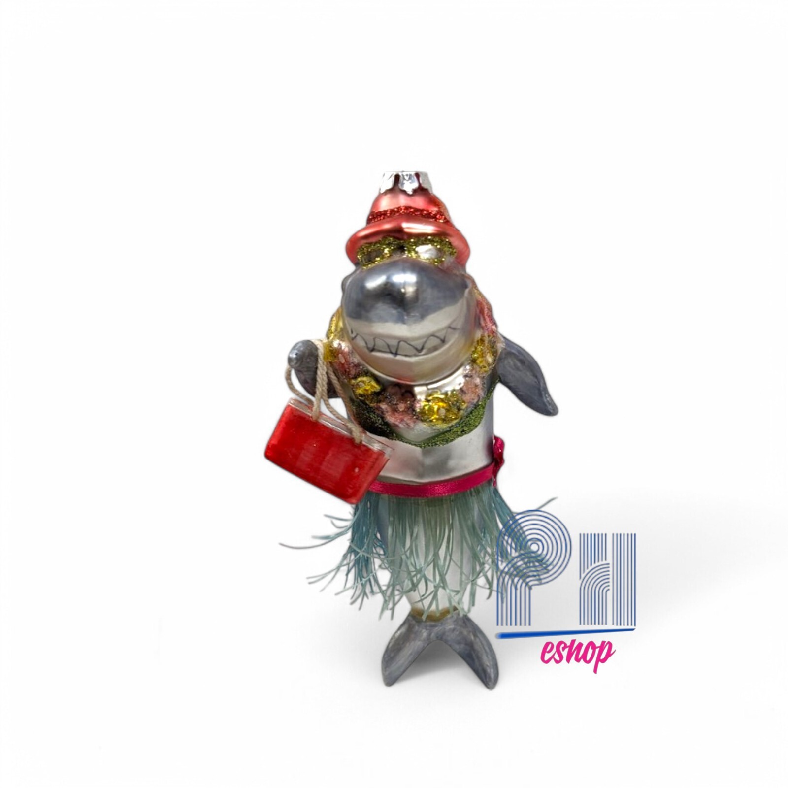 Hawaii Hula Shark Tiki Grass Skirt Christmas Tree Glass Ornament 6 Inch
