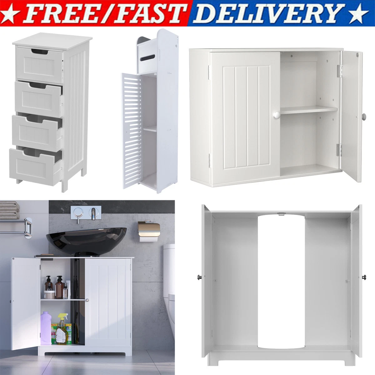 White storage cabinets with 2024 doors and shelves