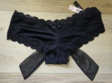 NWT Vintage Victoria's Secret Black Silky Lace Trim Cheeky Panties Mesh Bow M