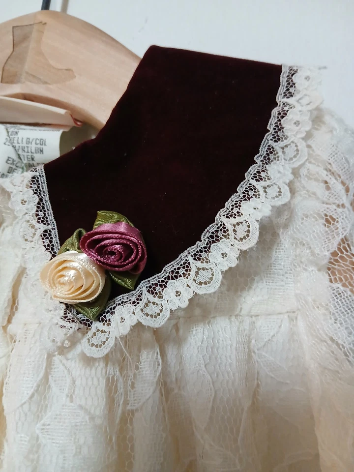 Vintage Little Precious Baby Dress 12 Months Rosettes Velour Lace Burgundy - Image 3 of 4
