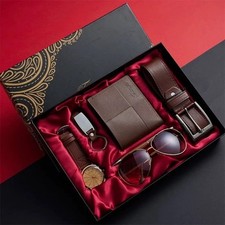 Men&rsquo;s Brown Leather 5-Piece Accessory Set Belt Wallet Watch Sunglasses Keychain