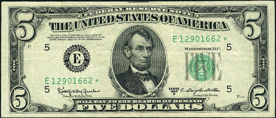 FR. 1965 E* $5 1950-D Federal Reserve Note Richmond E-* Block VF+ STAR - Image 2 of 3