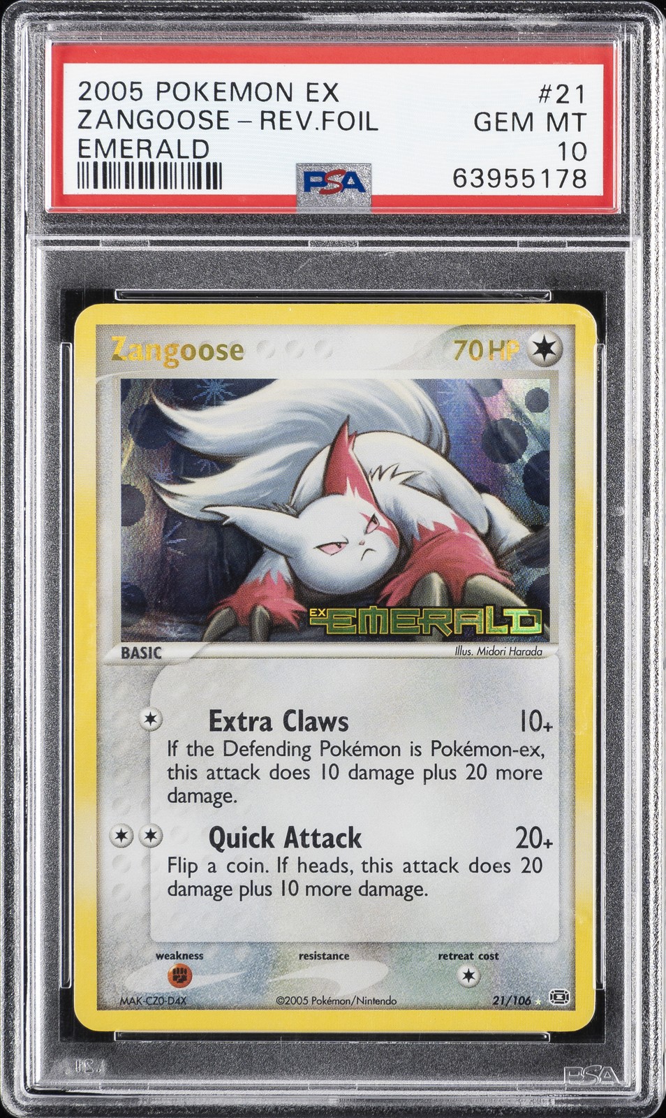 2005 POKEMON EX EMERALD #21 ZANGOOSE-REVERSE FOIL PSA 10