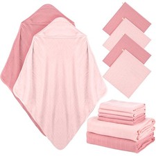 6 Pcs Muslin Hooded Baby Towel Washcloth Set 32x32" 12x12" Cotton Pink