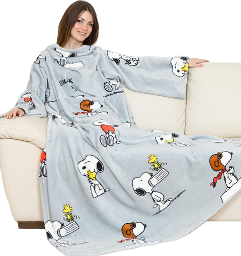 Coperta Con Maniche Grigia Snoopy, Soffice Plaid in Pile, Microfibra, Con Tasca - Foto 8 di 12