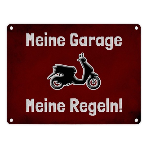 Meine Garage Meine Regeln! Metallschild In 15X20 Cm Mit Motorroller Und Rotem-image
