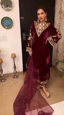 Indian Bollywood Designer Velvet Red Suit Women Beautiful Ethnic Salwar Kameez