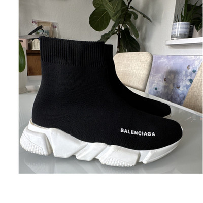 Balenciaga Speed Trainer Black White Knit Mid Top Lightweight Slip On Sneakers