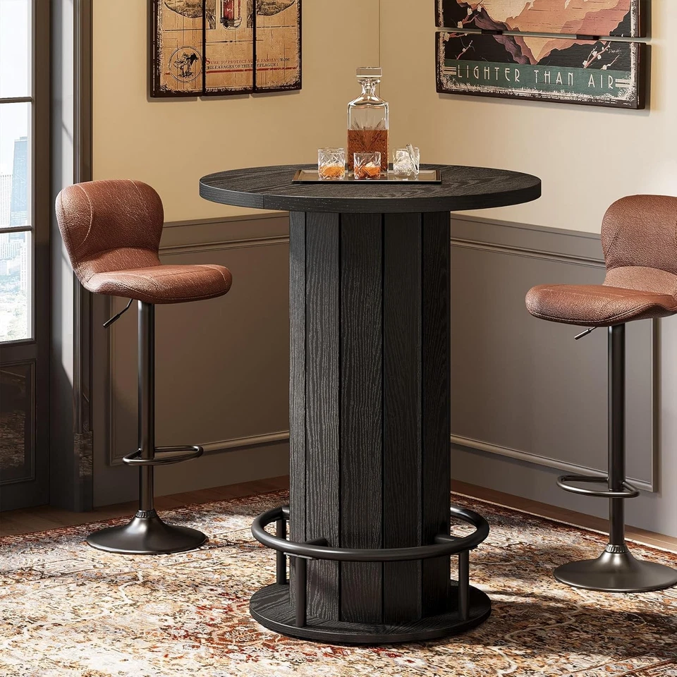 Round Bar Table, 39.4" H Wood Bistro Pub Table with Metal Ring Footrest, Black - Image 2 of 4