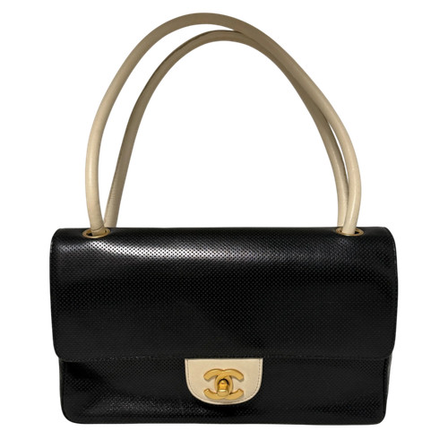 Chanel Single Flap Bag Medium Lambskin Perforated Black/White/Very Good
