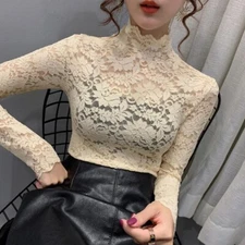 Women Blouse Women's Turtleneck Lace Spring Mesh Hollow Long-Sleeved Top Blusas